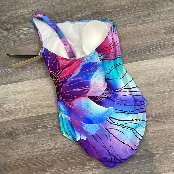 Gottex Swimwear Golden Asymmetric Floral One-Piece Swimsuit Size 12 - Picture 7 of 14